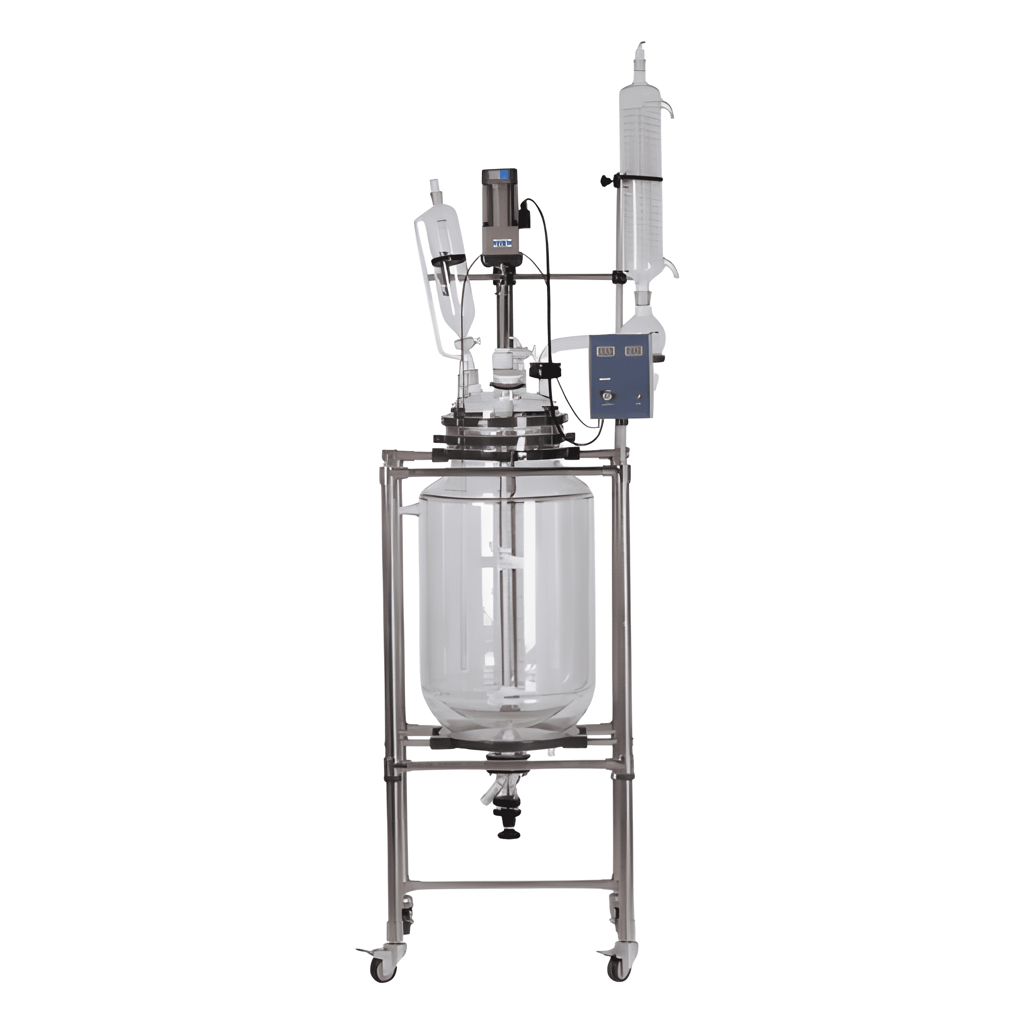 Reator de vidro encamisado de 50 litros com motor de agitação, condensador e funil de alimentação montado em suporte com rodízios, da linha Vortex-R.