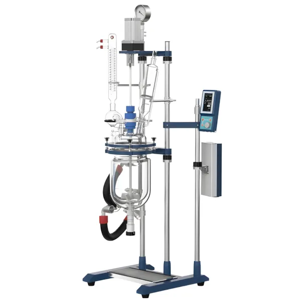 Reator de vidro encamisado de bancada 5L da Vortex-R, perfil virado para a esquerda.