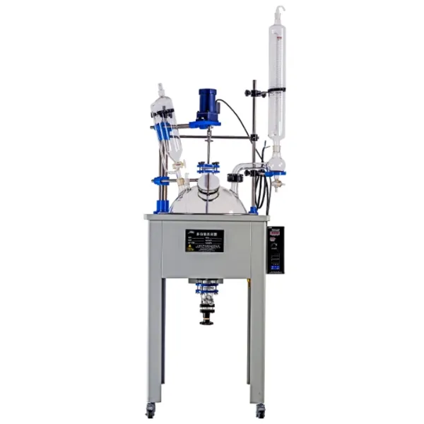 Reator de vidro 10L com banho térmico, reator de vidro com funil de alimentação, reator de vidro Vortex-R com agitação mecânica, reator químico em vidro com controle ATEX