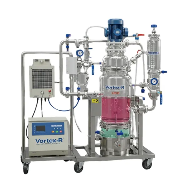 Reator de vidro encamisado com bomba de vácuo acoplada Vortex-R em operação, utilizado para processos químicos com controle térmico e vácuo integrado.