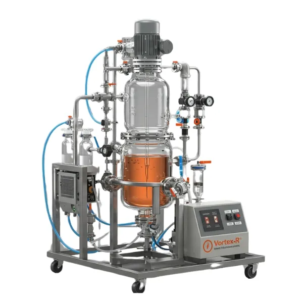 Reator de vidro encamisado da Vortex-R em operação, com fluido circulando na camisa para controle térmico durante uma reação química.