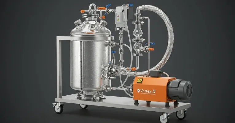 Esquema de funcionamento de reator a vácuo com tubulações e bomba integrada.