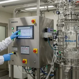 Técnico monitorando uma reação química em um reator de vidro encamisado da Vortex-R, verificando parâmetros em uma planta piloto.