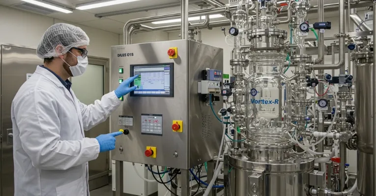 Técnico monitorando uma reação química em um reator de vidro encamisado da Vortex-R, verificando parâmetros em uma planta piloto.