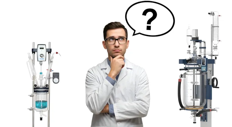 Cientista em dúvida entre dois reatores de vidro encamisados da Vortex-R com ponto de interrogação acima da cabeça