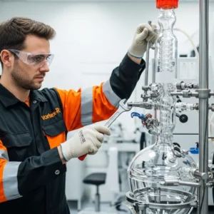 Técnico da Vortex-R em macacão laranja e preto realizando manutenção de reator de vidro em laboratório, com equipamentos de segurança.